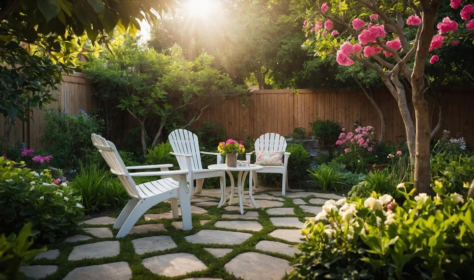 Backyard Garden with Wooden Furnitures